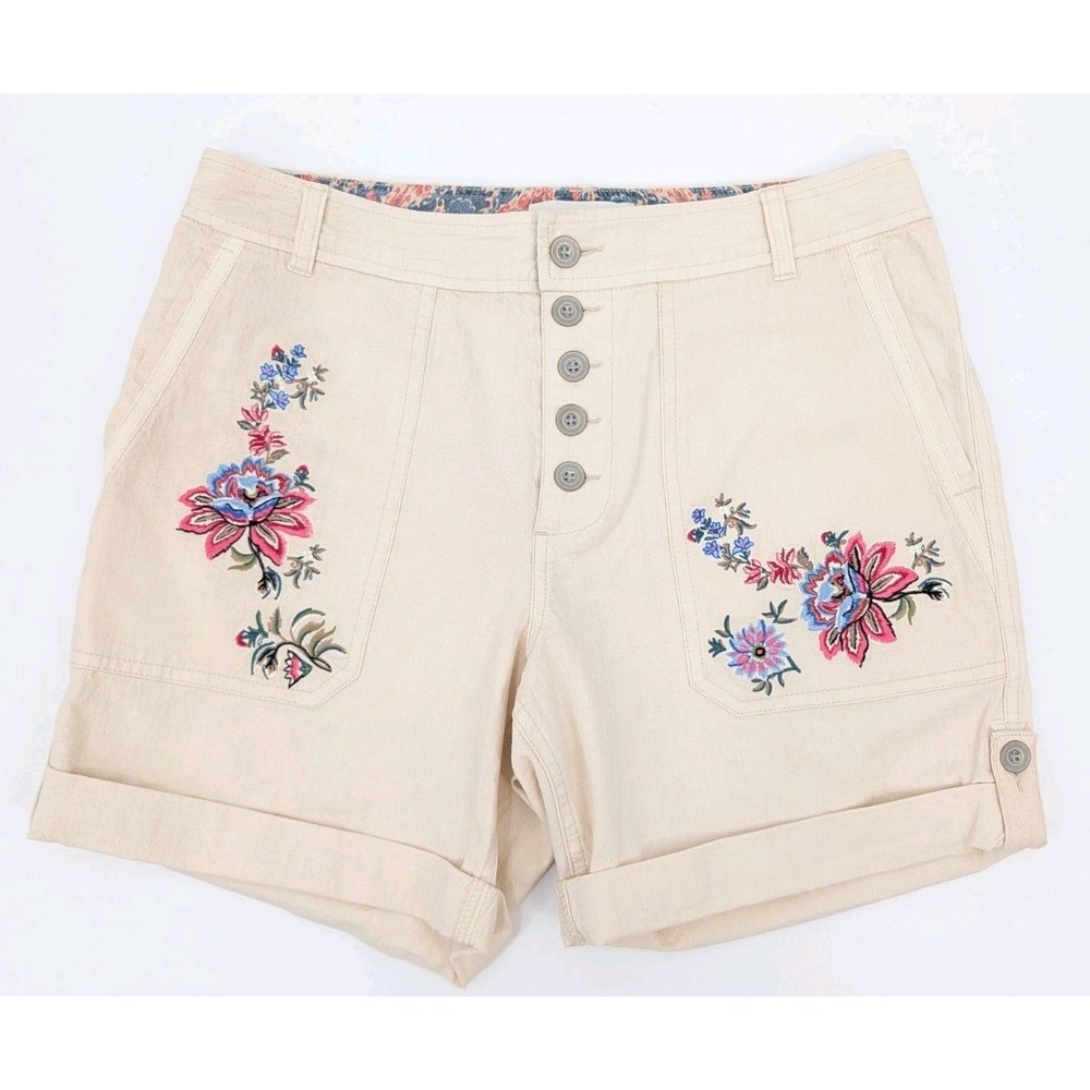 Sundance Shorts White‎ Floral Roll Tab Cotton Button fly Boho Coastal Sz 6